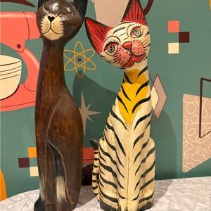 2 vintage Handcrafted Wooden Cat Figurines - MMC. Tall one 14”, short one 13”.
